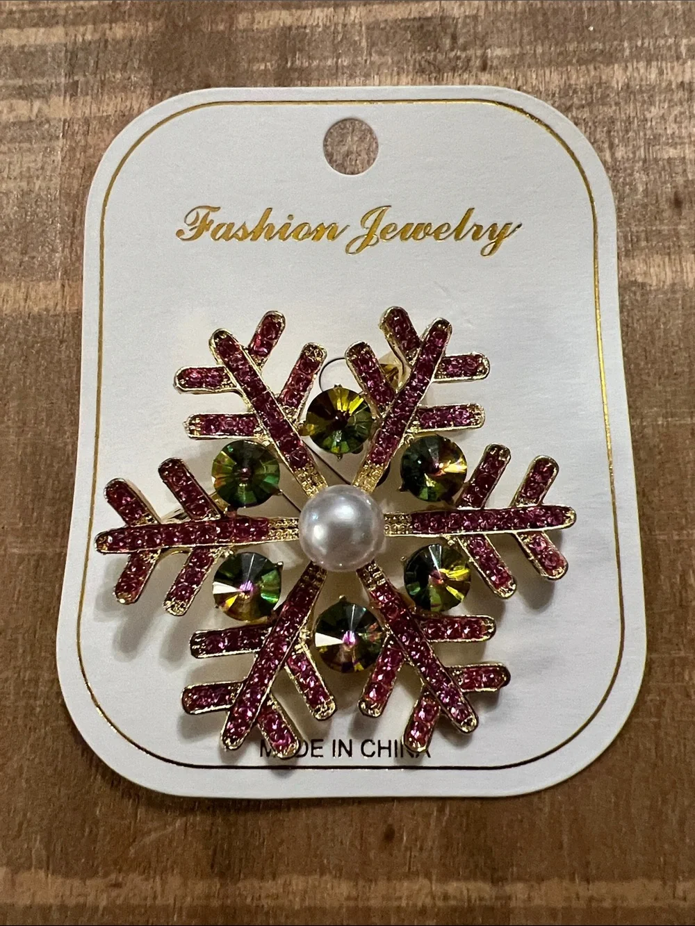 3/$18 Gold-Tone Pink Crystal Snowflake Brooch with Green Rhinestones Lot 6074